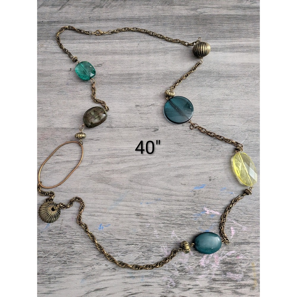 Vintage Brass Tone Station Necklace Teal Green Yellow Resin Glass Bead 40 Inch